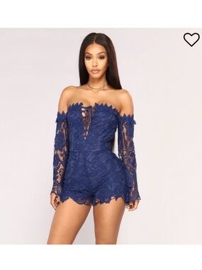 Fashion Nova Navy Off-Shoulder Lace Bodysuit Romper